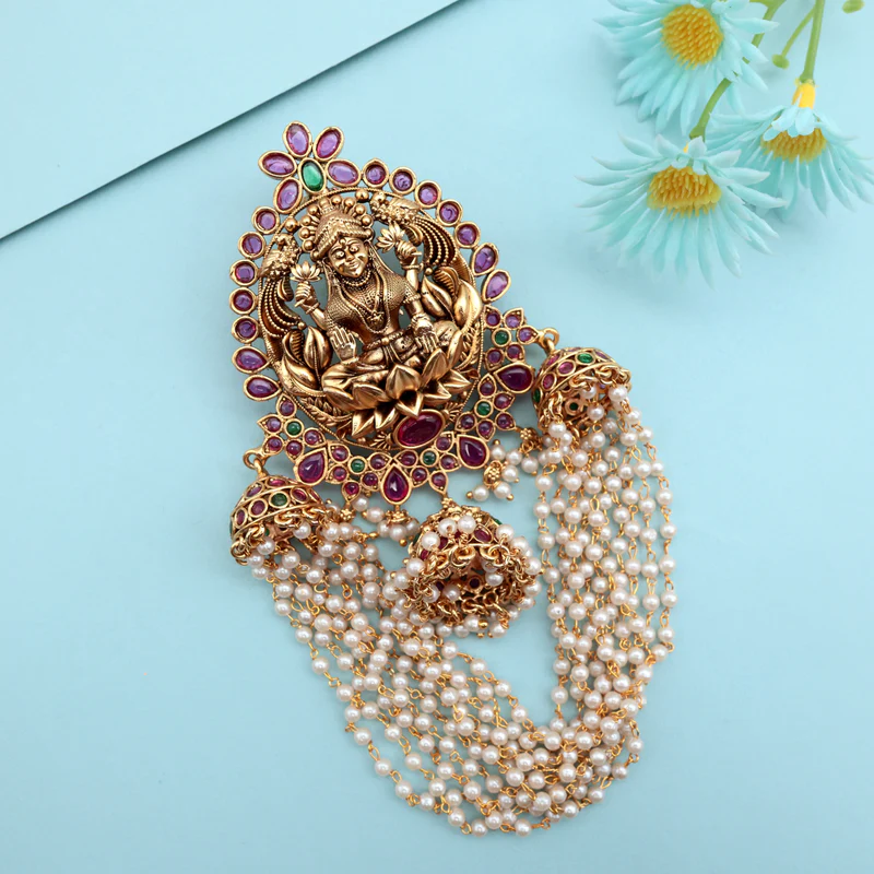 Premium Antique Kemp Mahalakshmi Pearl Hanging Jhumka Choti